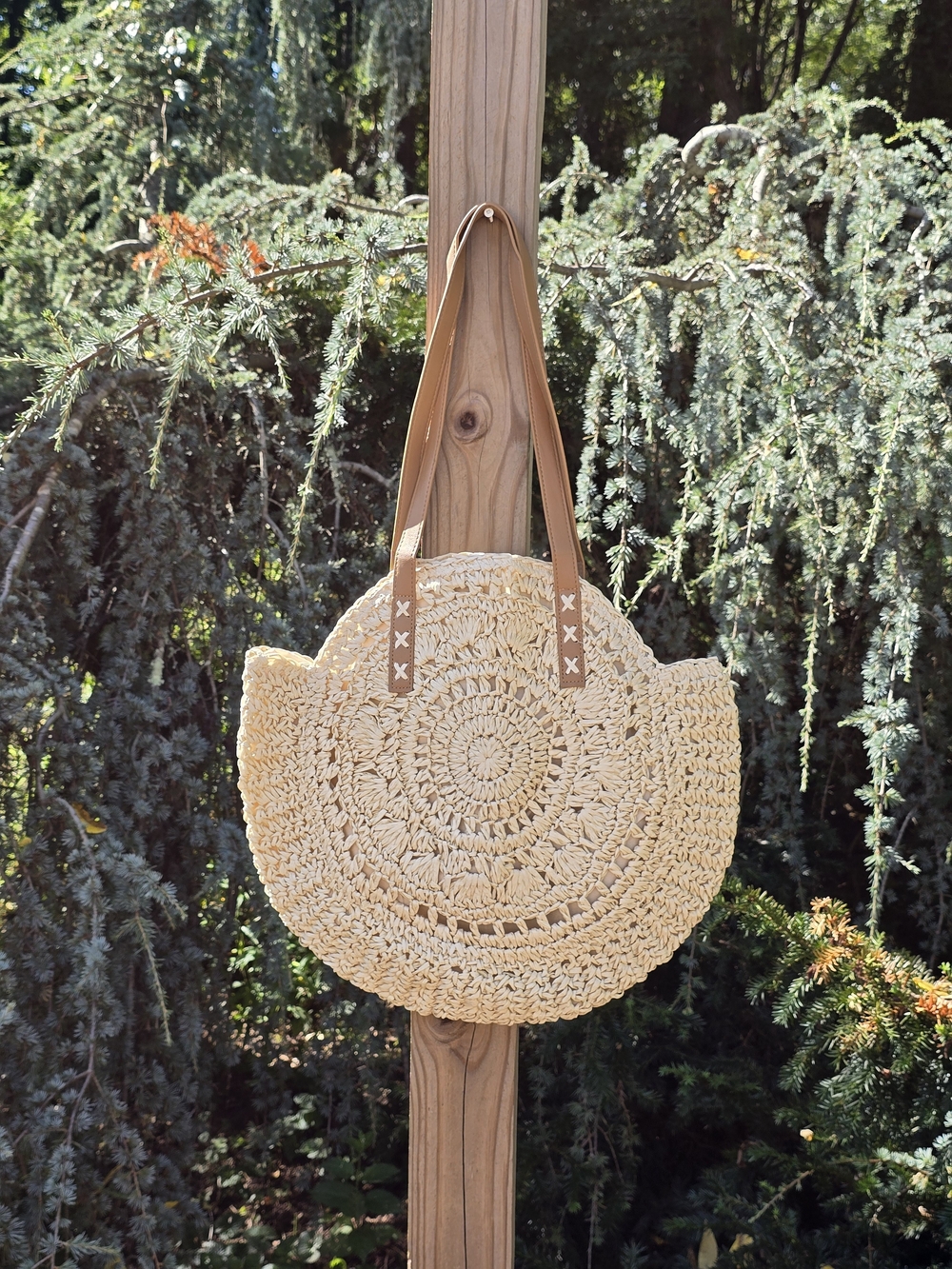 SHEIN Natural Crochet Round Tote with Tan Handles